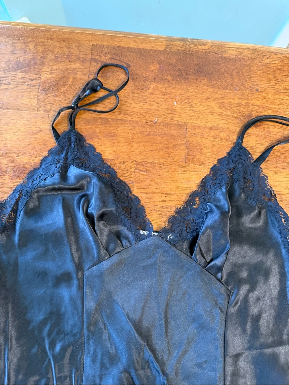 VTG Oscar de la Renta Pink Label Black Satin Lace Slip Dress Nightgown Lingerie - Picture 5 of 8